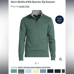 ✨OFFER✨Lands end mens Bedford Rib QuarterZip Sweater DEEP WOODLAND GREEN HEATHER